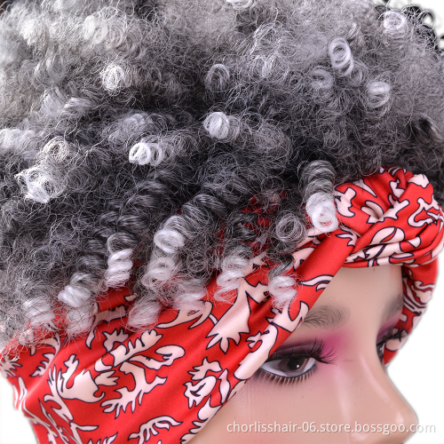 Wholesale Ombre Grey Kinky Curly Turban Fluffy Afro Wig Short Headband wig Synthetic Wig With Headband Attached For Black Women